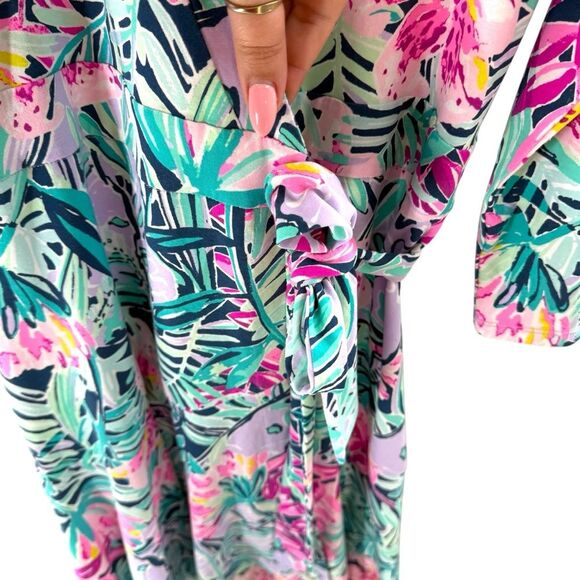 Lilly Pulitzer M Rosaline Wrap‎ Dress Tropical Floral Aqua Purple Asymmetrical - Picture 5 of 10
